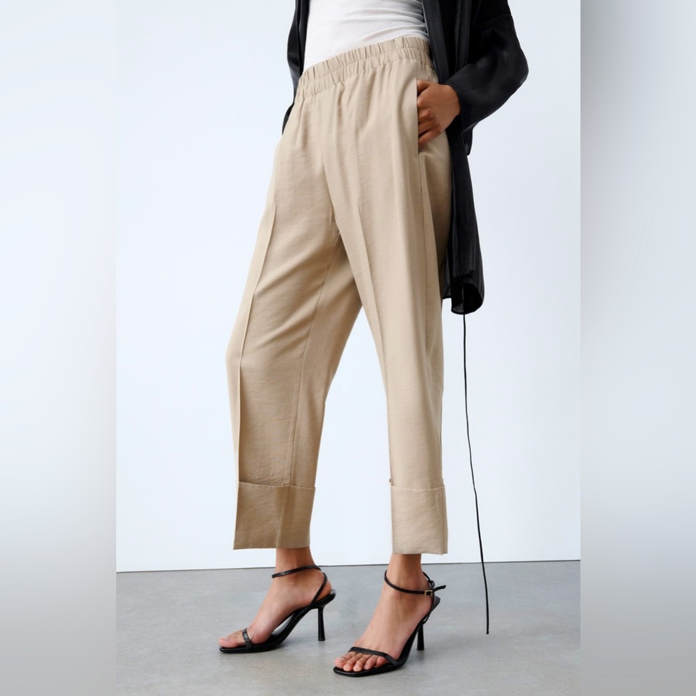 Zara Beige Cropped Wide-Leg Pants